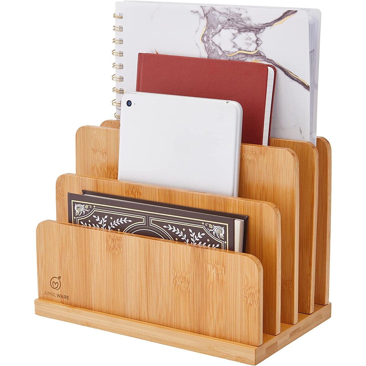 JumblWare Bamboo Desktop File Organizer, 6 xx 9.75", 4 Slot Wooden File Sorter
